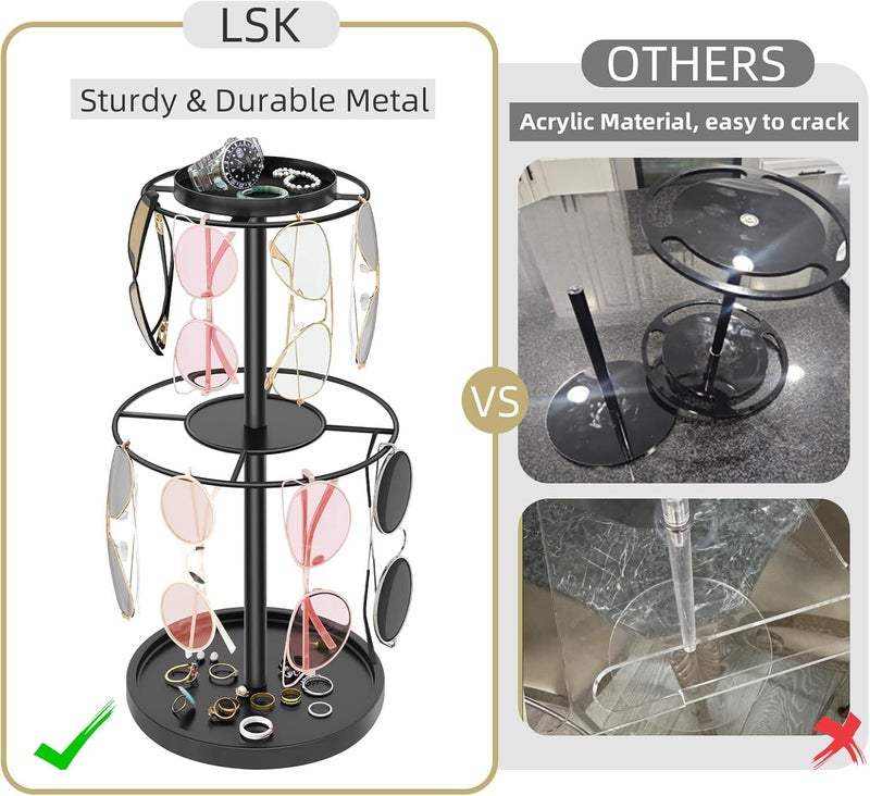 LSK 2 Tier Metal Sunglasses Organzier, Glasses Holder Stand with Storage Trays, Sunglasses Organizer Storage with Anti-Slip Pads for Tabletop, Desk, Dresser, Black - Image 2